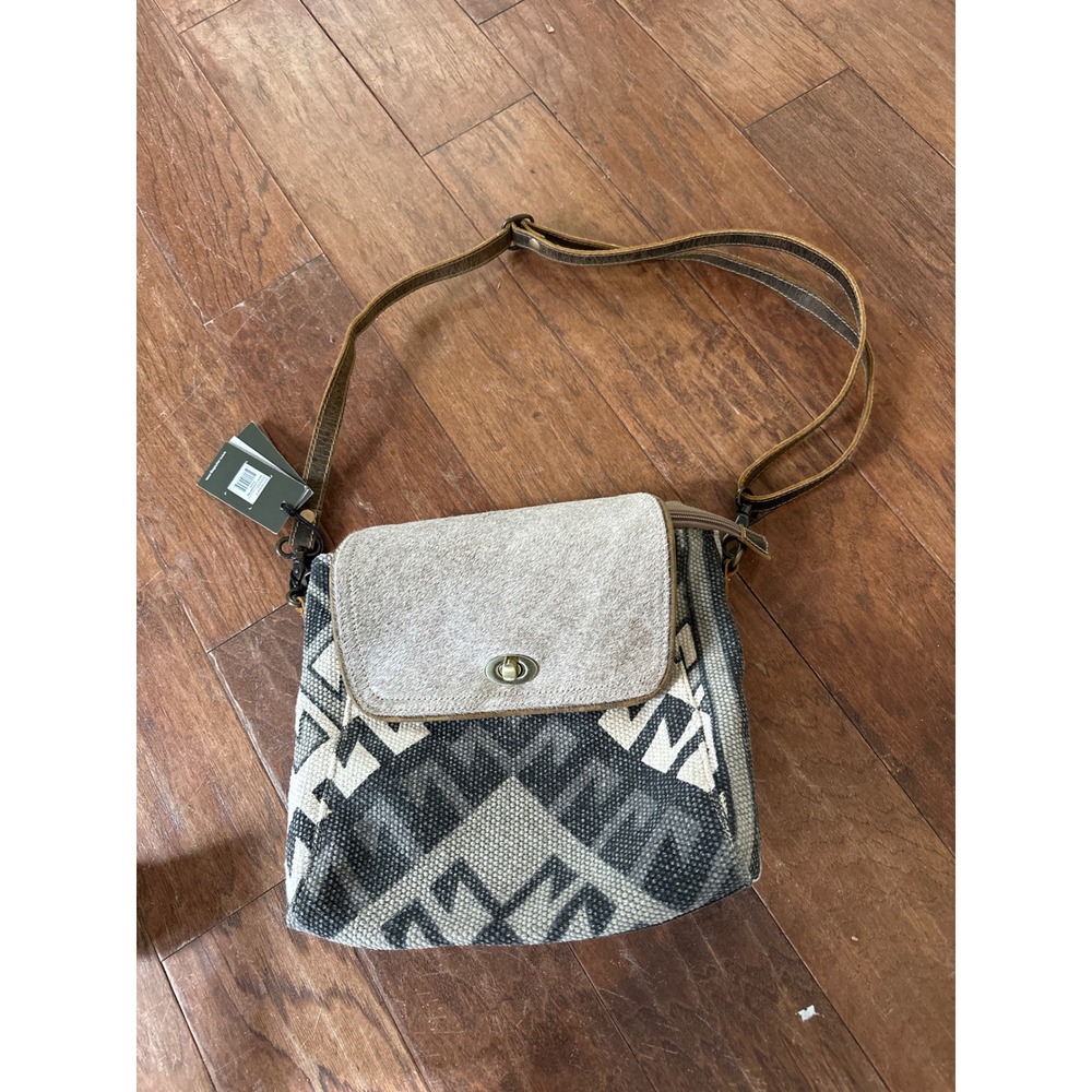 Myra Bag Stormy Love Aztec Hair-on-Hide‎ Leather Crossbody Bag NWT Black White